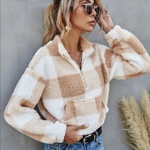 Shein Brown and White Gingham Teddy Quarter-zip Pullover